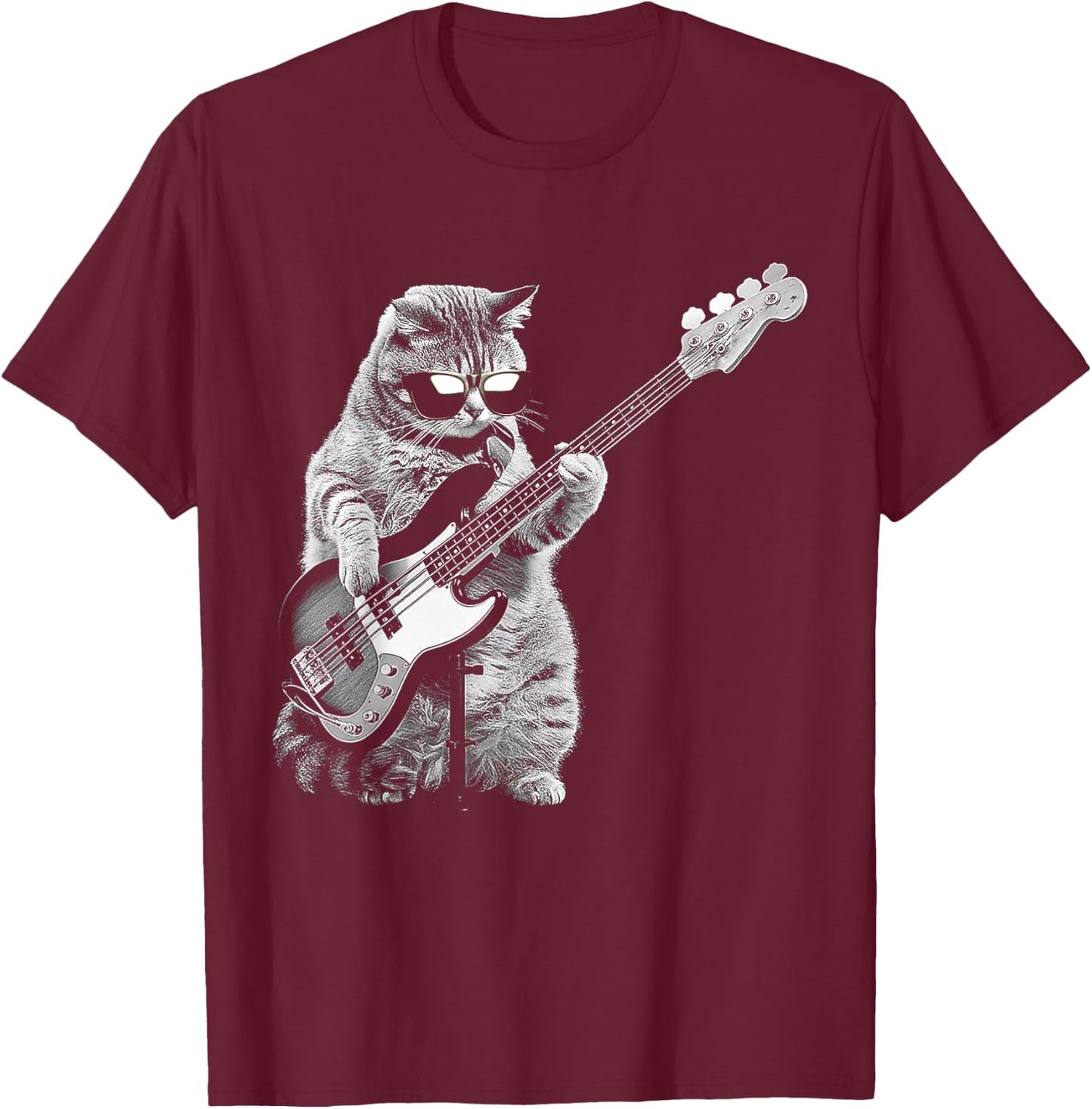 Rock Cat Playing Guitar Funny Guitar Cat T-Shirt - T-Shirt | Maroon