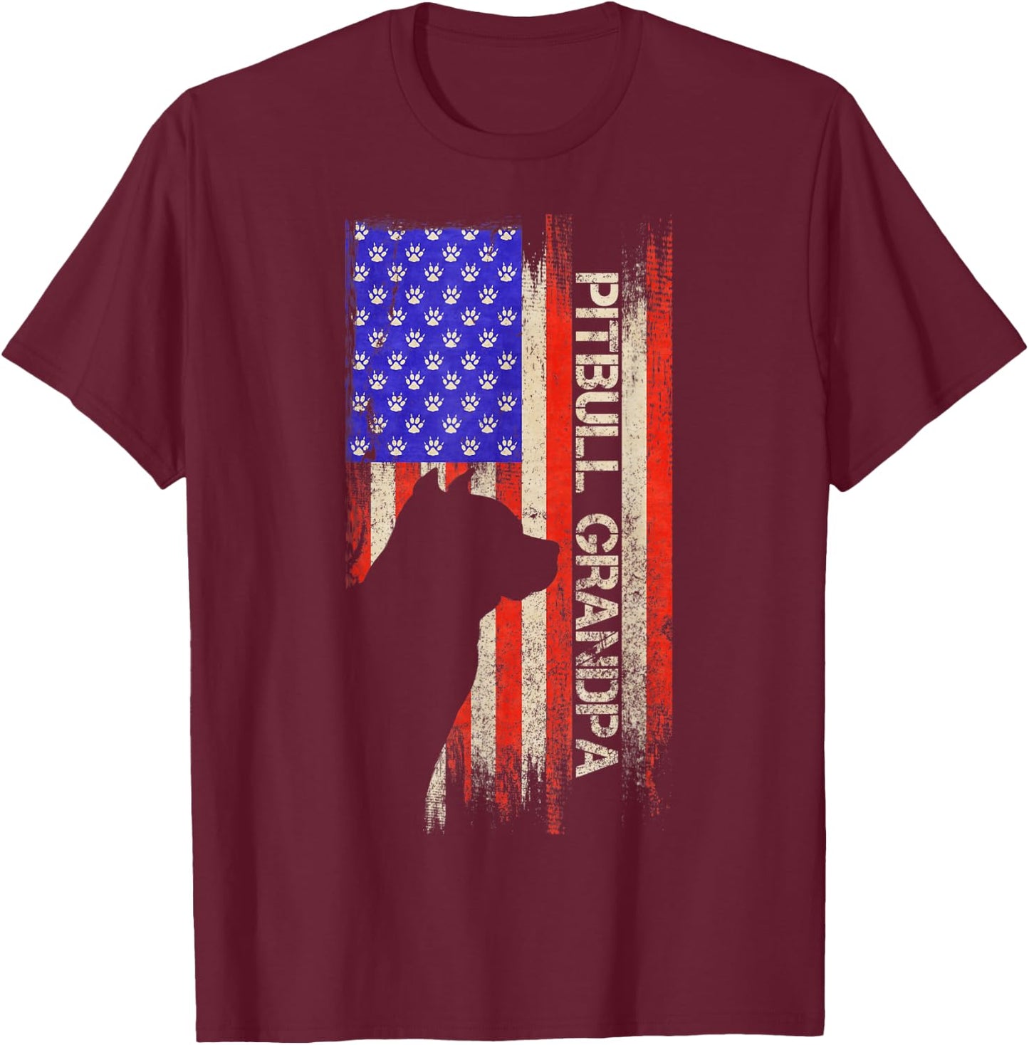 Vintage USA Flag Proud Pitbull Dog Grandpa Pittie Silhouette T-Shirt - T-Shirt | Maroon