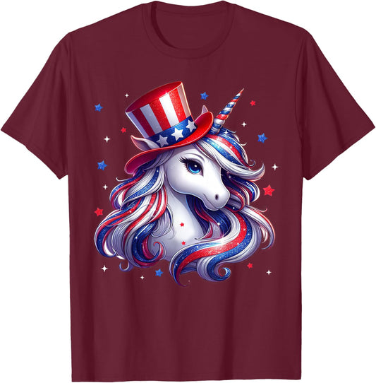 Cute Unicorn 4th of July Shirts Girls Kids Women American T-Shirt - T-Shirt | Maroon