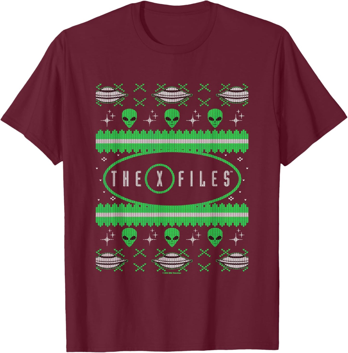 X-Files Christmas Alien UFO Vintage Ugly Sweater Pattern T-Shirt - T-Shirt | Maroon