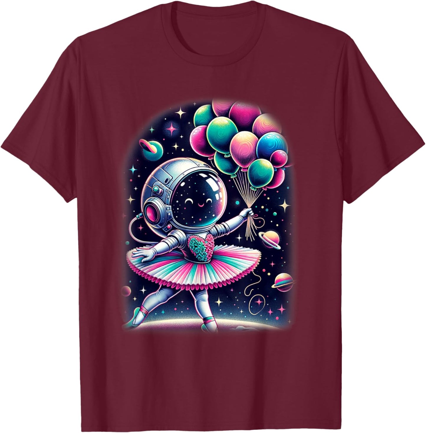 Space Astronaut Costume Ballerina Girl Shirt Planet Balloons T-Shirt - T-Shirt | Maroon