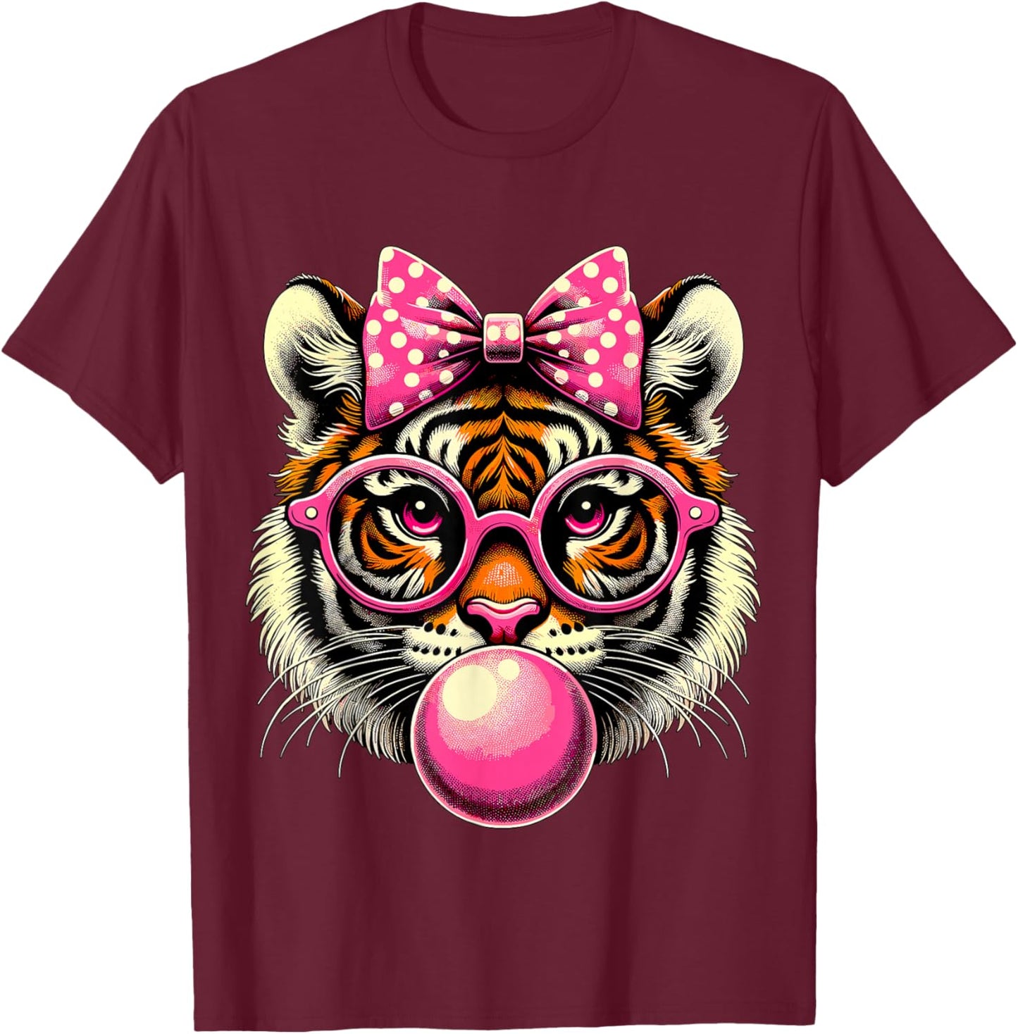 Tiger with Glasses Bubblegum and Bow T-Shirt - T-Shirt | Maroon