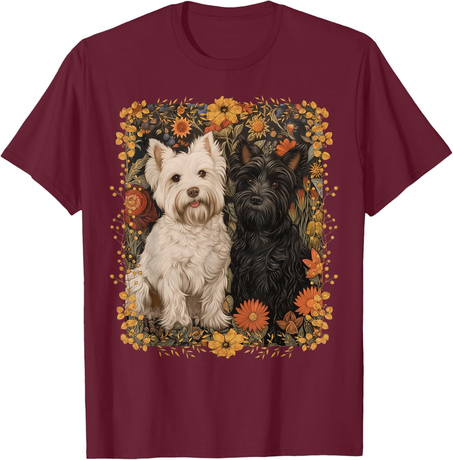 Westie and Scottie in William Morris Style Garden T-Shirt - T-Shirt | Maroon