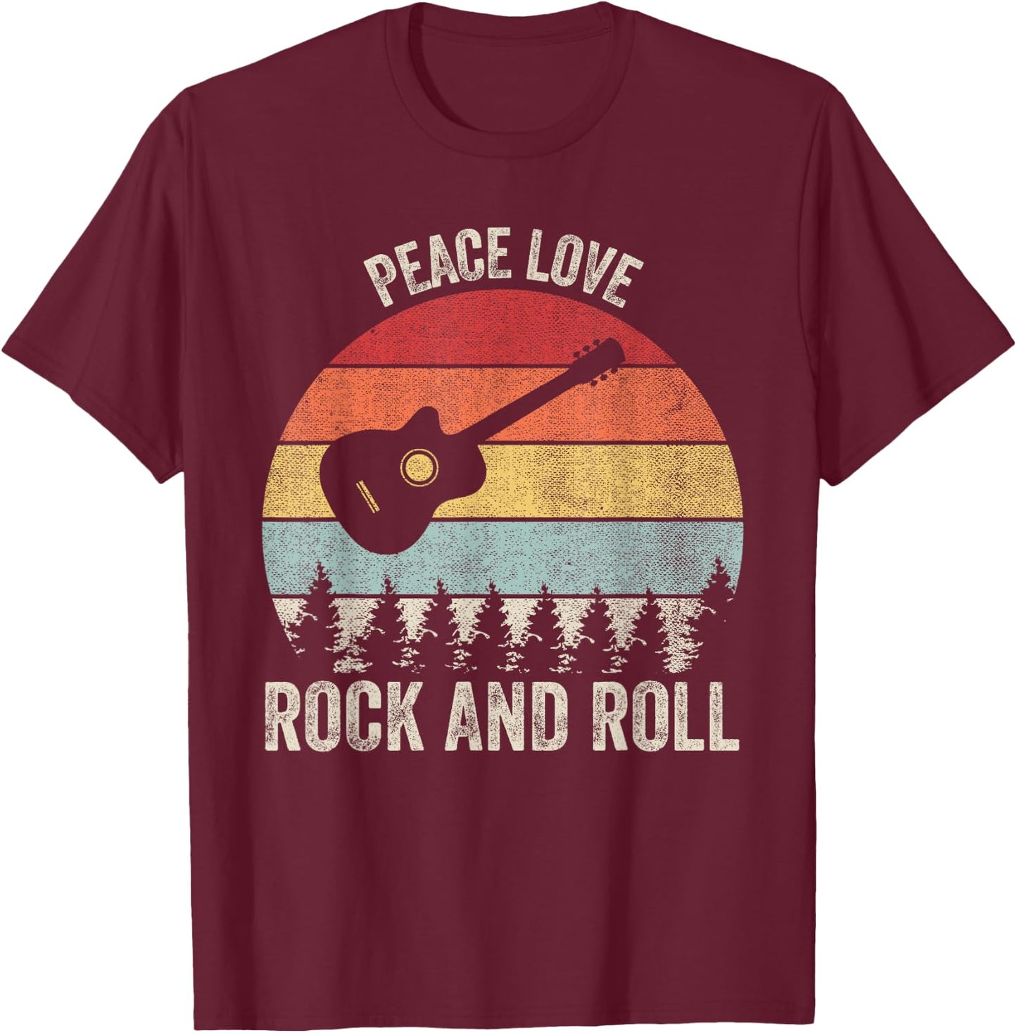 Retro Peace Love Rock And Roll Shirt Music Guitar Vintage T-Shirt - T-Shirt | Maroon