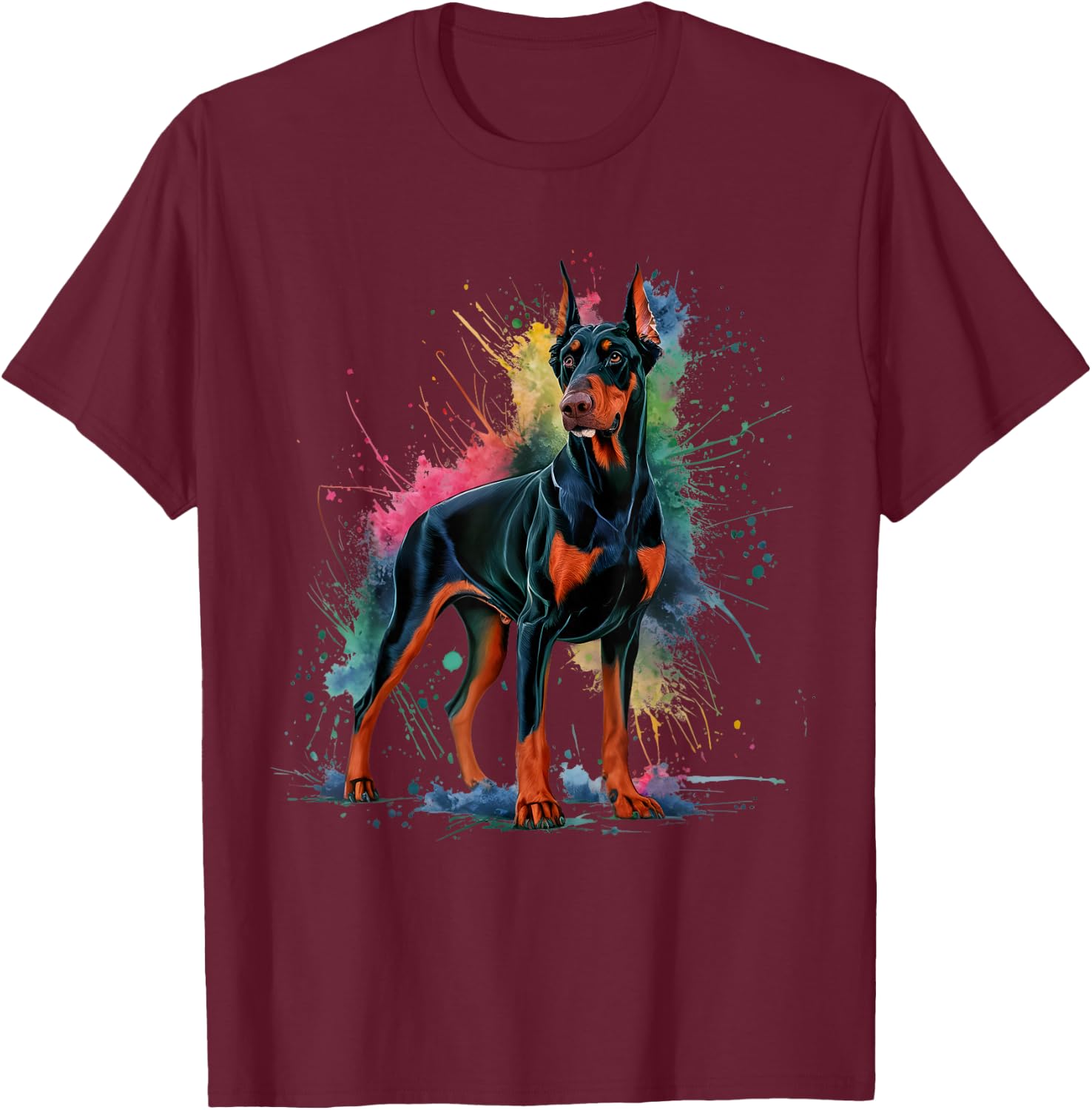 Men Woman Colorful Watercolor Doberman T-Shirt - T-Shirt | Maroon