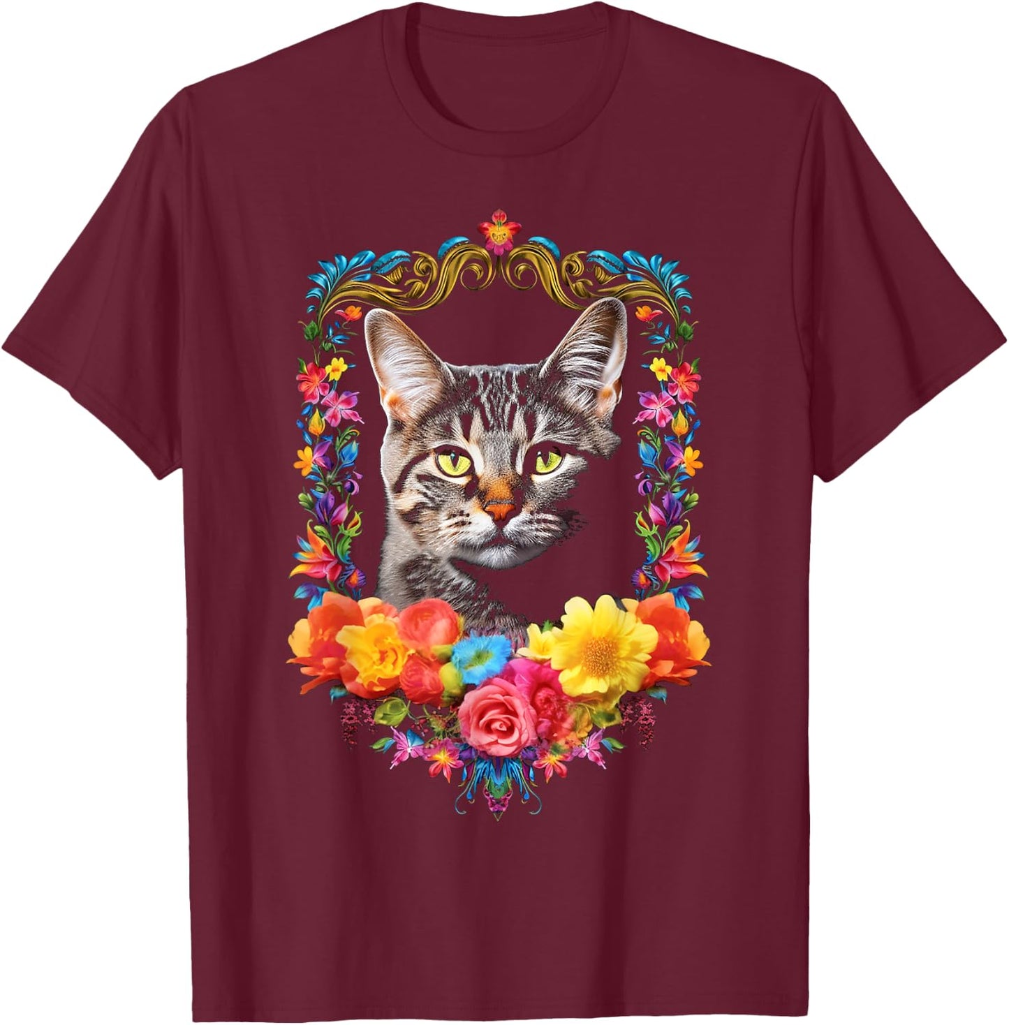 Cat Colorful Animal Flowers Art Face Graphic Cat Men Women Kids T-Shirt - T-Shirt | Maroon