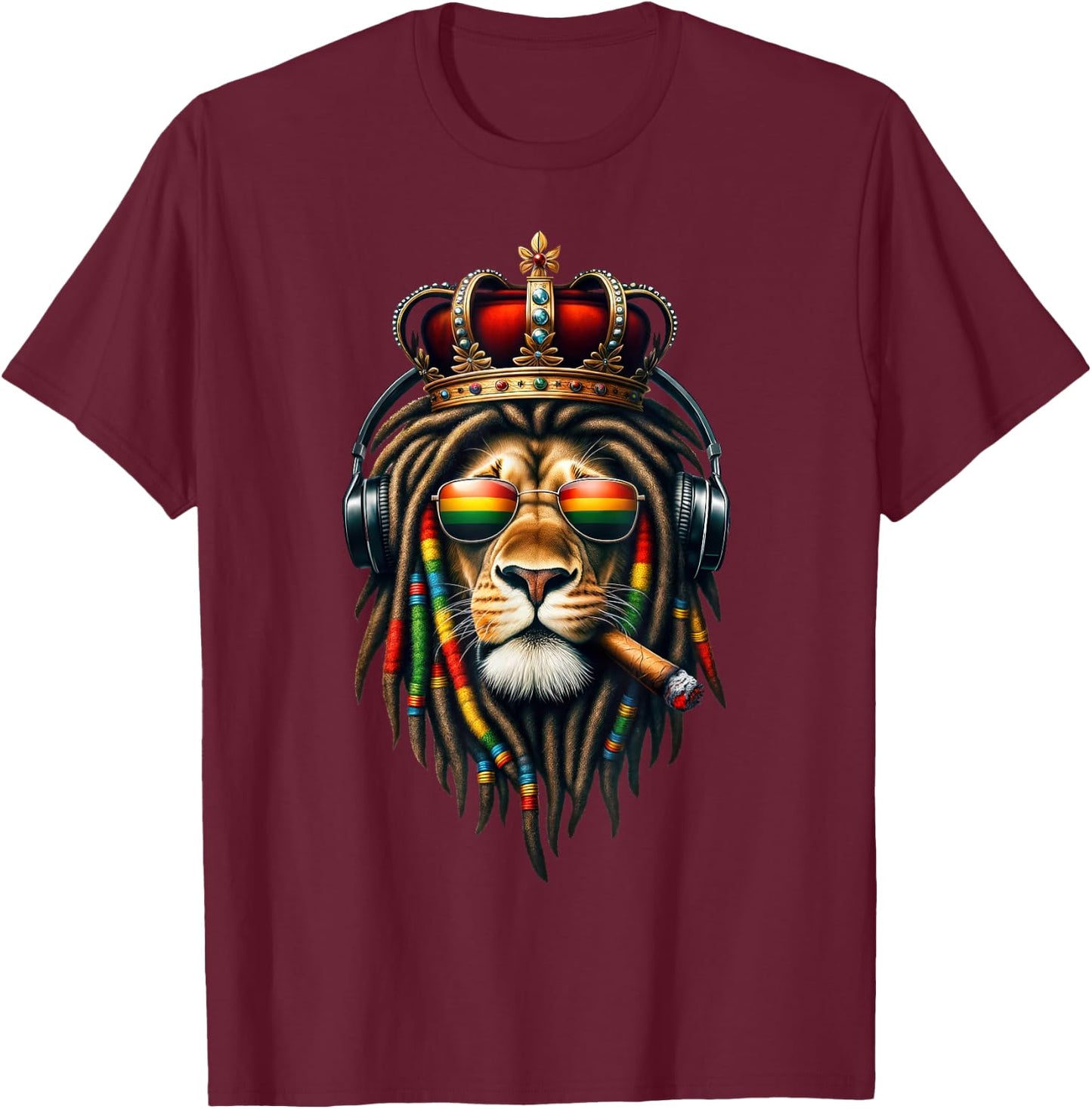 King Rasta Reggae Rastafarian Music Headphones Lion of Judah T-Shirt - T-Shirt | Maroon