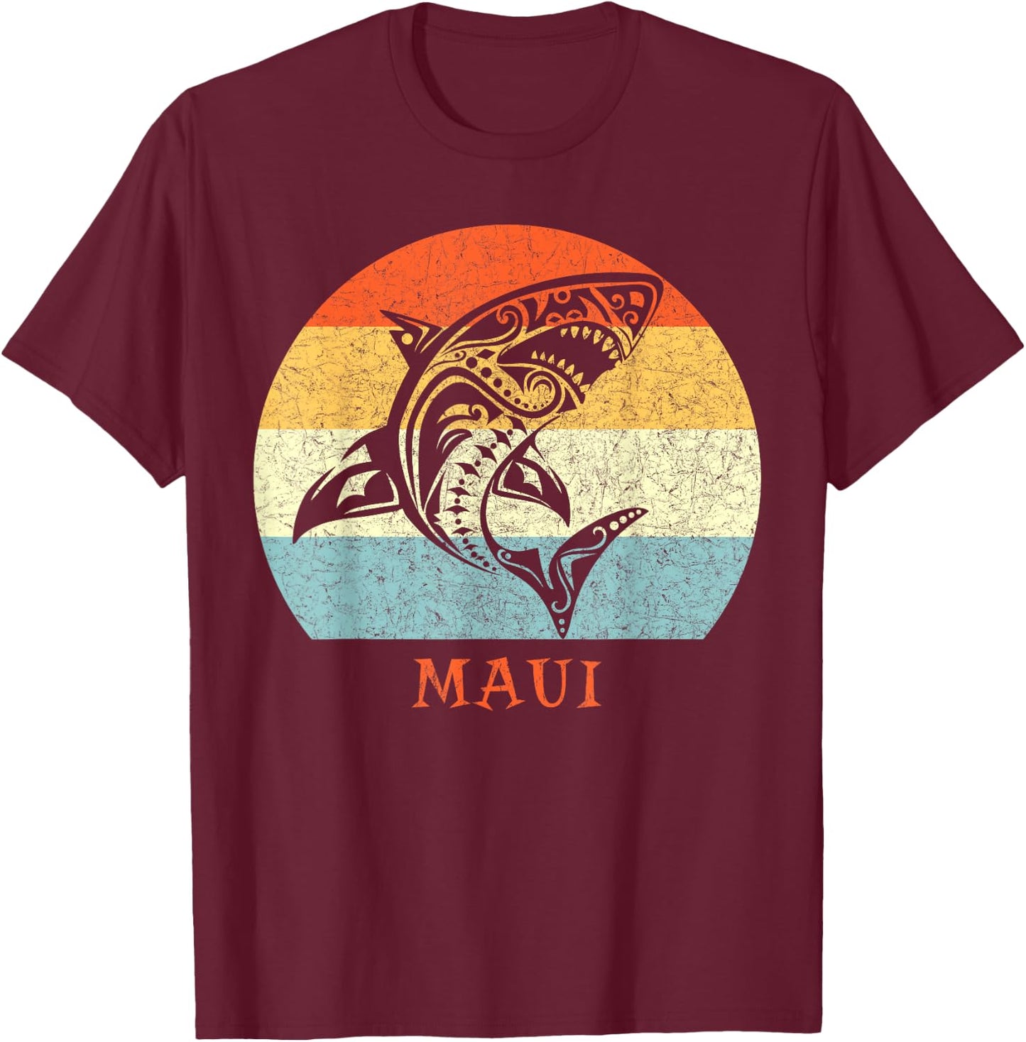 Maui, Hawaii Vintage Shark Retro Throwback Vacation T-Shirt - T-Shirt | Maroon