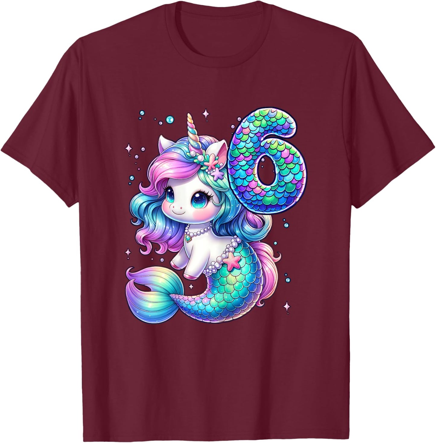 Unicorn Mermaid 6th Birthday 6 Year Old Party Girls Outfit T-Shirt - T-Shirt | Maroon