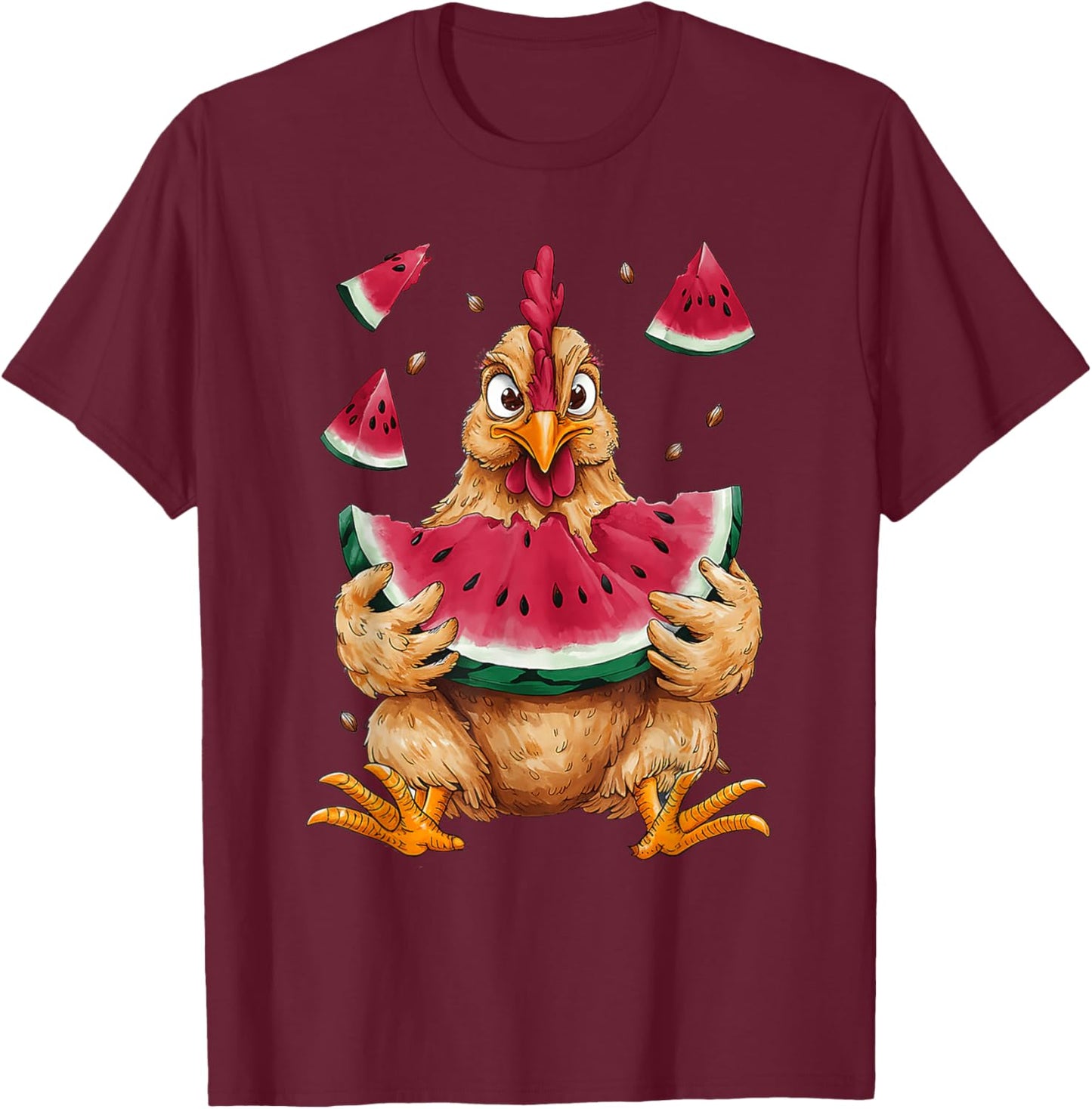 Cute Chicken Eating Watermelon Fruit Summer Men Women Girls T-Shirt - T-Shirt | Maroon