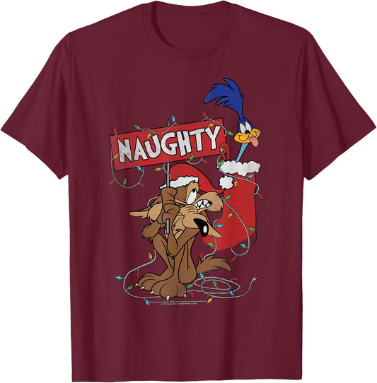 Looney Tunes Christmas Road Runner & Wile E. Coyote Naughty T-Shirt - T-Shirt | Maroon
