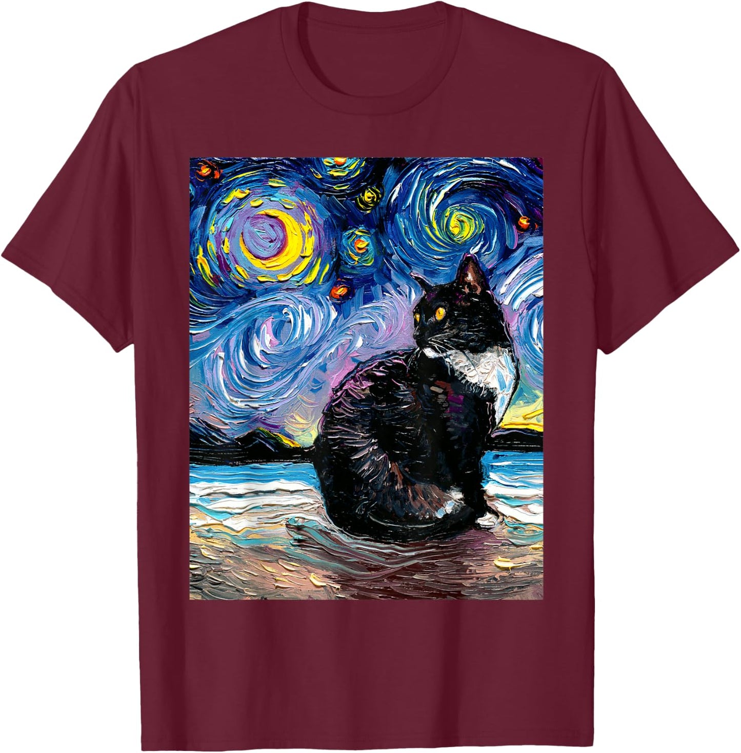 Tuxedo Cat on Beach Starry Night Impressionist Kitty Artwork T-Shirt - T-Shirt | Maroon