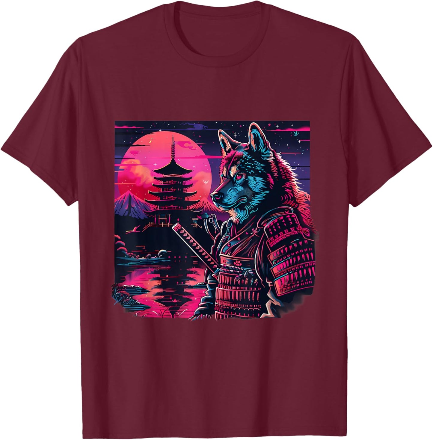 Japanese Warrior Japanese Ninja Pagoda Samurai Akita Dog T-Shirt - T-Shirt | Maroon