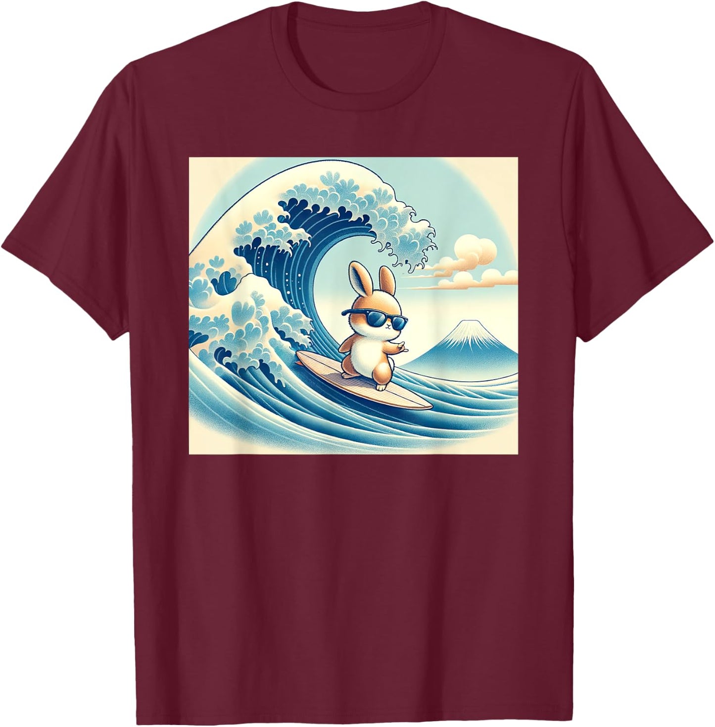 Cool Surfing Bunny Rabbit - Japanese Great Big Wave Funny T-Shirt - T-Shirt | Maroon