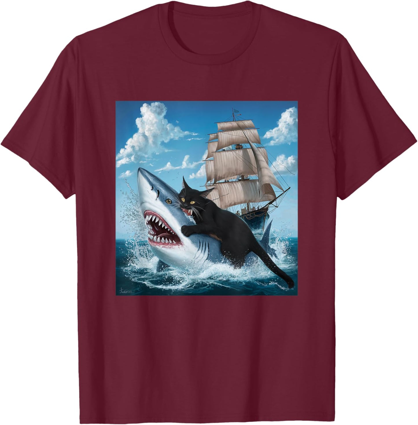 Cat Biting Shark Humorous Playful Funny Black Cat Bit Shark Women Kids T-Shirt - T-Shirt | Maroon