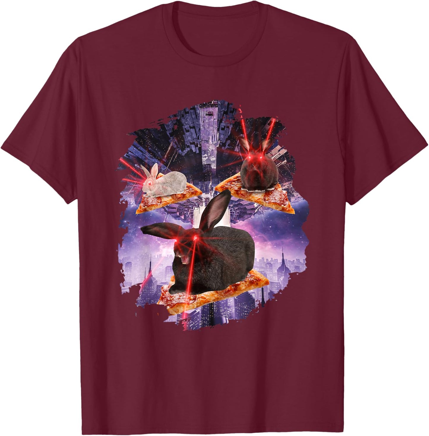 Bunnies With Laser Eyes I Rabbit Bunny Laser Space Pizza T-Shirt - T-Shirt | Maroon