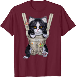 Tuxedo Cat in Baby Carrier Women Kids T-Shirt - T-Shirt | Maroon