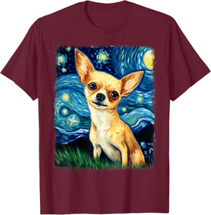 Chihuahua Dog Starry Night Painting T-Shirt - T-Shirt | Maroon
