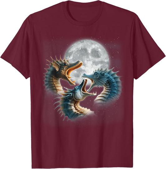 3 Seahorses Howling At The Moon Seahorse Lover Sea Aquarium T-Shirt - T-Shirt | Maroon