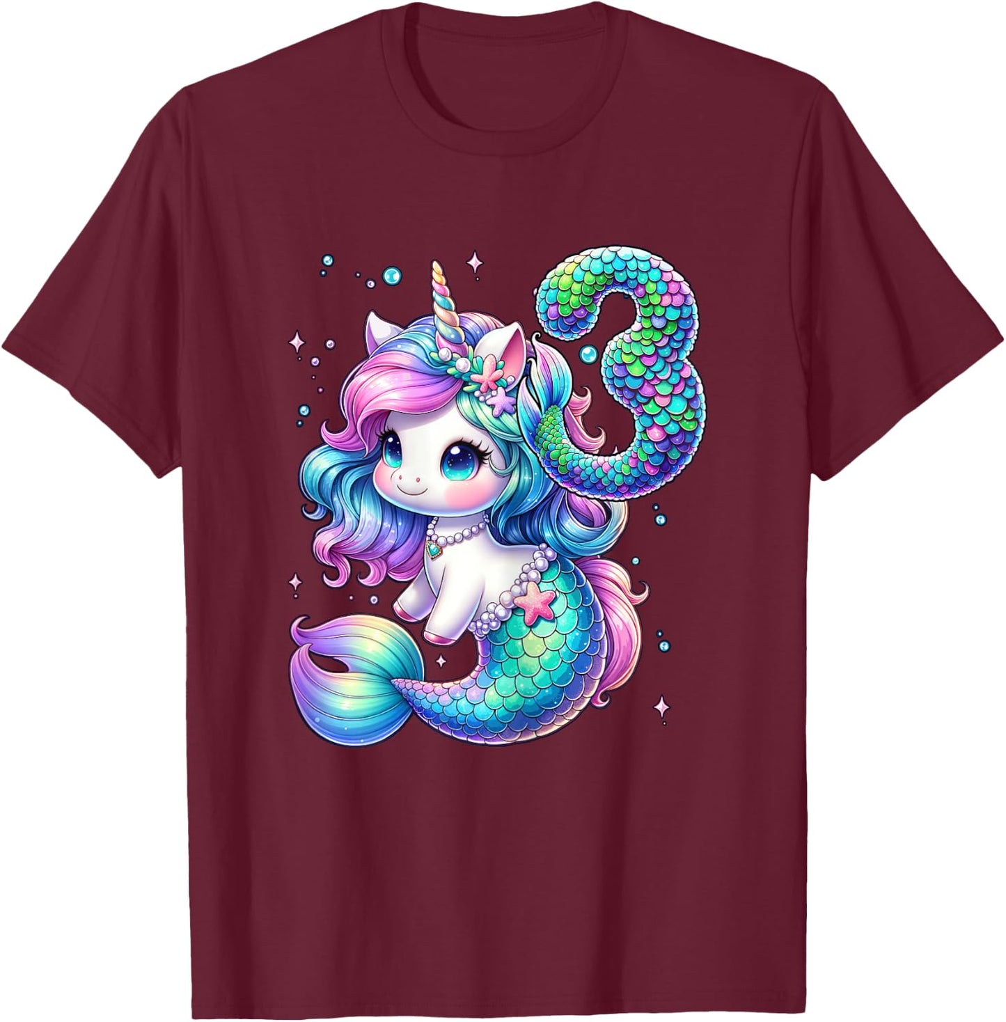Unicorn Mermaid 3rd Birthday 3 Year Old Party Girls Outfit T-Shirt - T-Shirt | Maroon