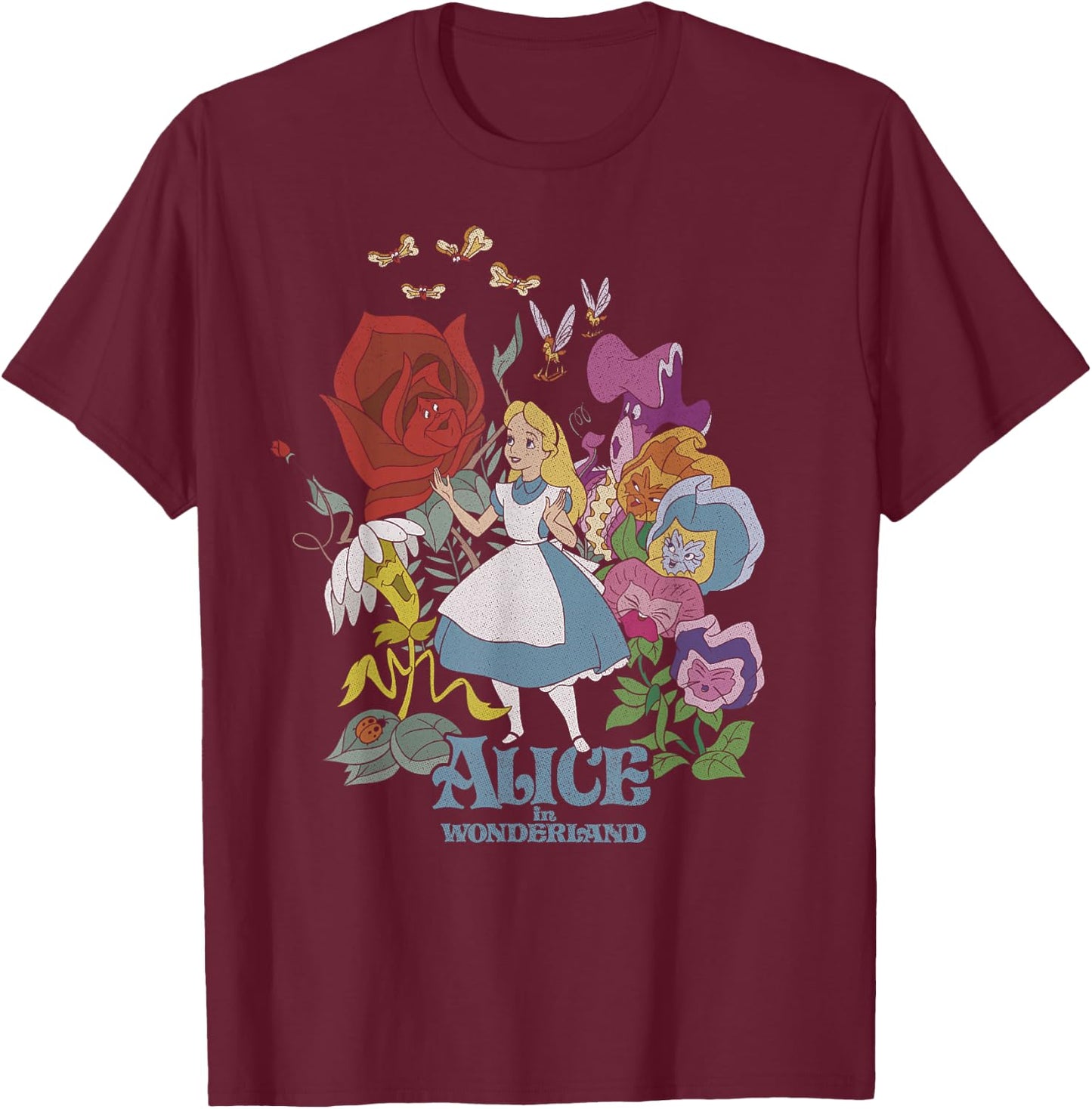 Disney Alice in Wonderland Walking Through The Flowers Small T-Shirt - T-Shirt | Maroon
