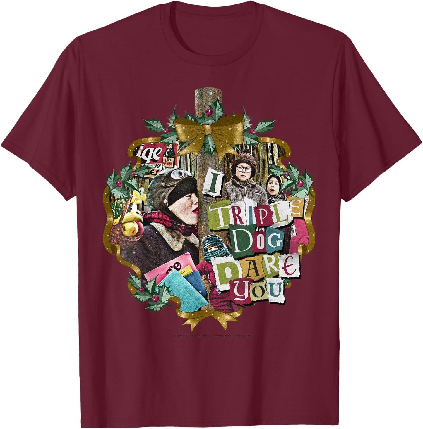 A Christmas Story I Triple Dog Dare You Collage Wreath T-Shirt - T-Shirt | Maroon