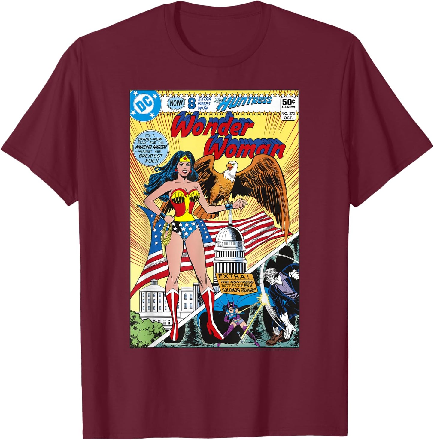 DC Comics Wonder Woman Vintage Huntress Comic Cover T-Shirt - T-Shirt | Maroon