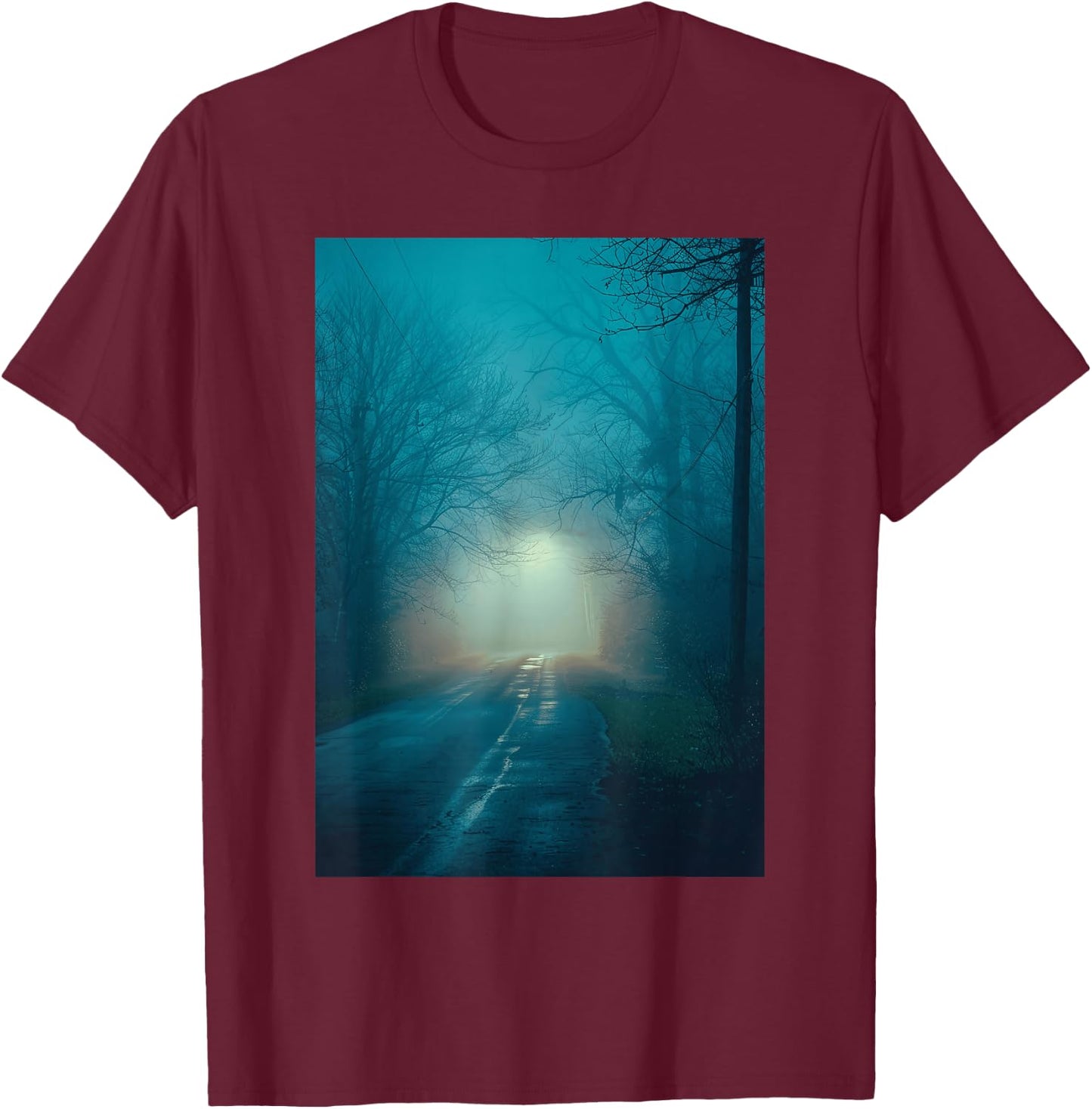 Liminal Room: Foggy Night Street Lighting T-Shirt - T-Shirt | Maroon