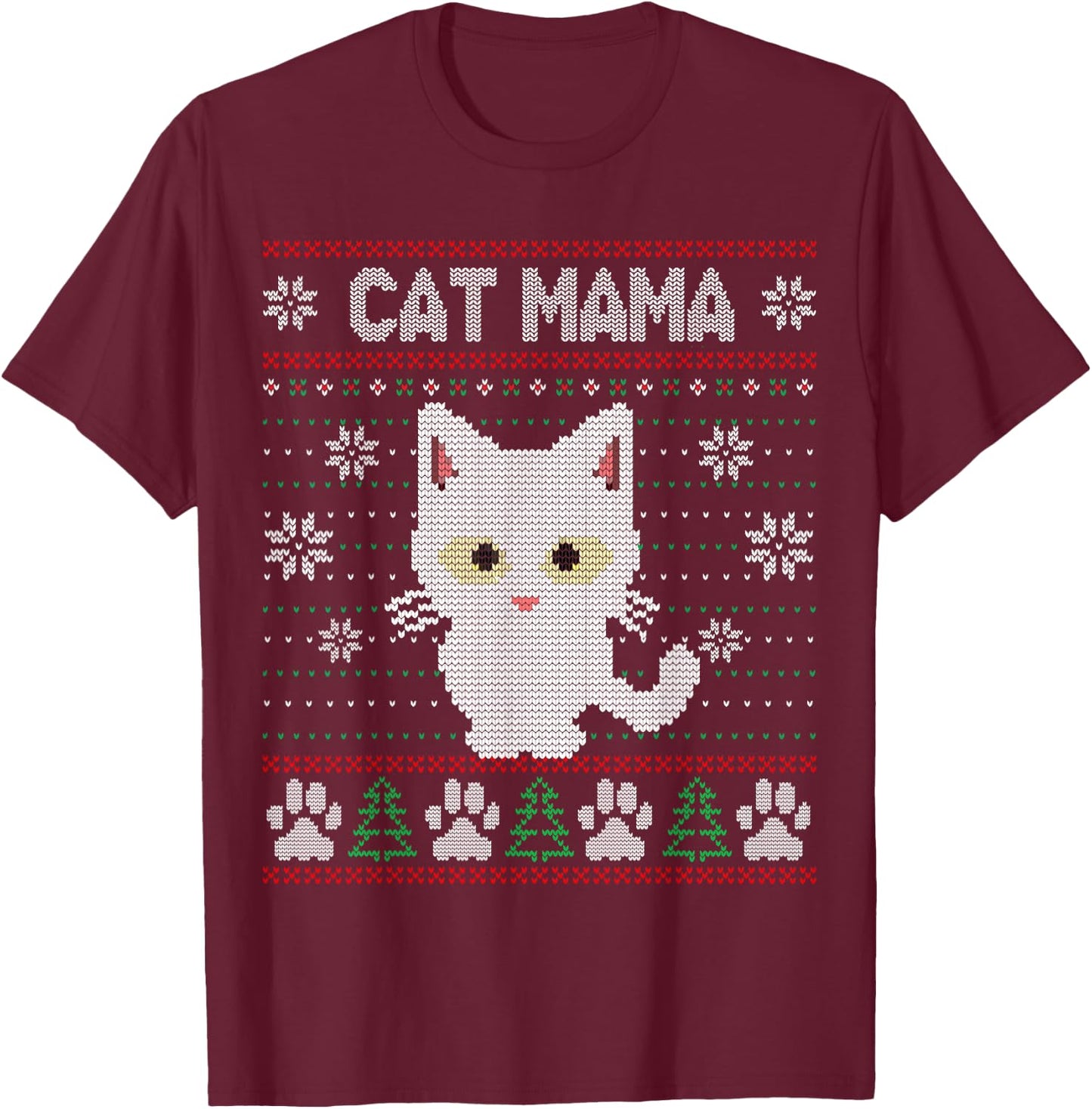Cat Mama Ugly Christmas Sweater Pajama Kitty Mom Mother Xmas T-Shirt - T-Shirt | Maroon