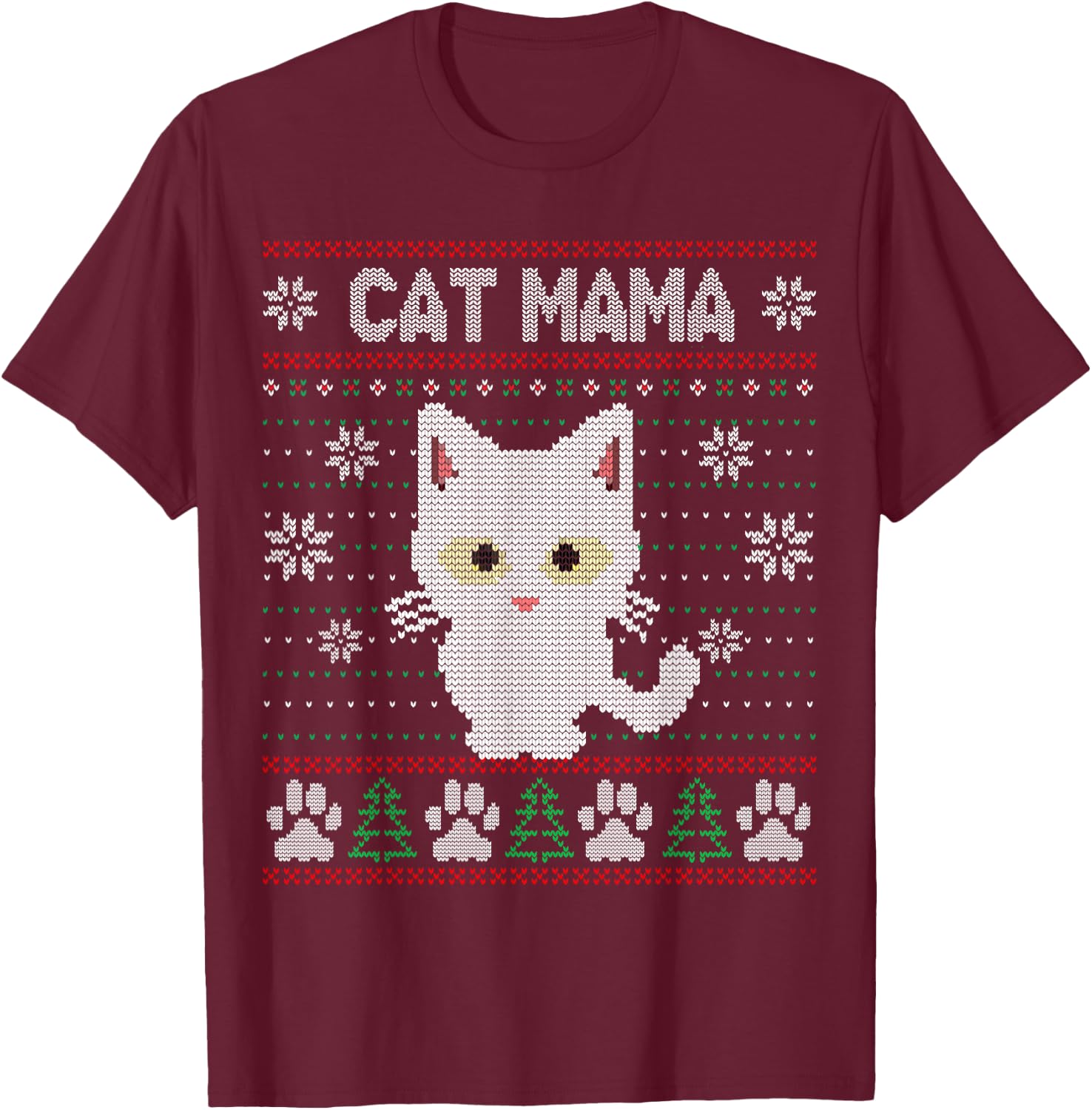 Cat Mama Ugly Christmas Sweater Pajama Kitty Mom Mother Xmas T-Shirt - T-Shirt | Maroon