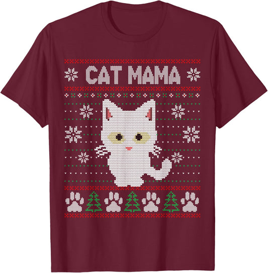 Cat Mama Ugly Christmas Sweater Pajama Kitty Mom Mother Xmas T-Shirt - T-Shirt | Maroon