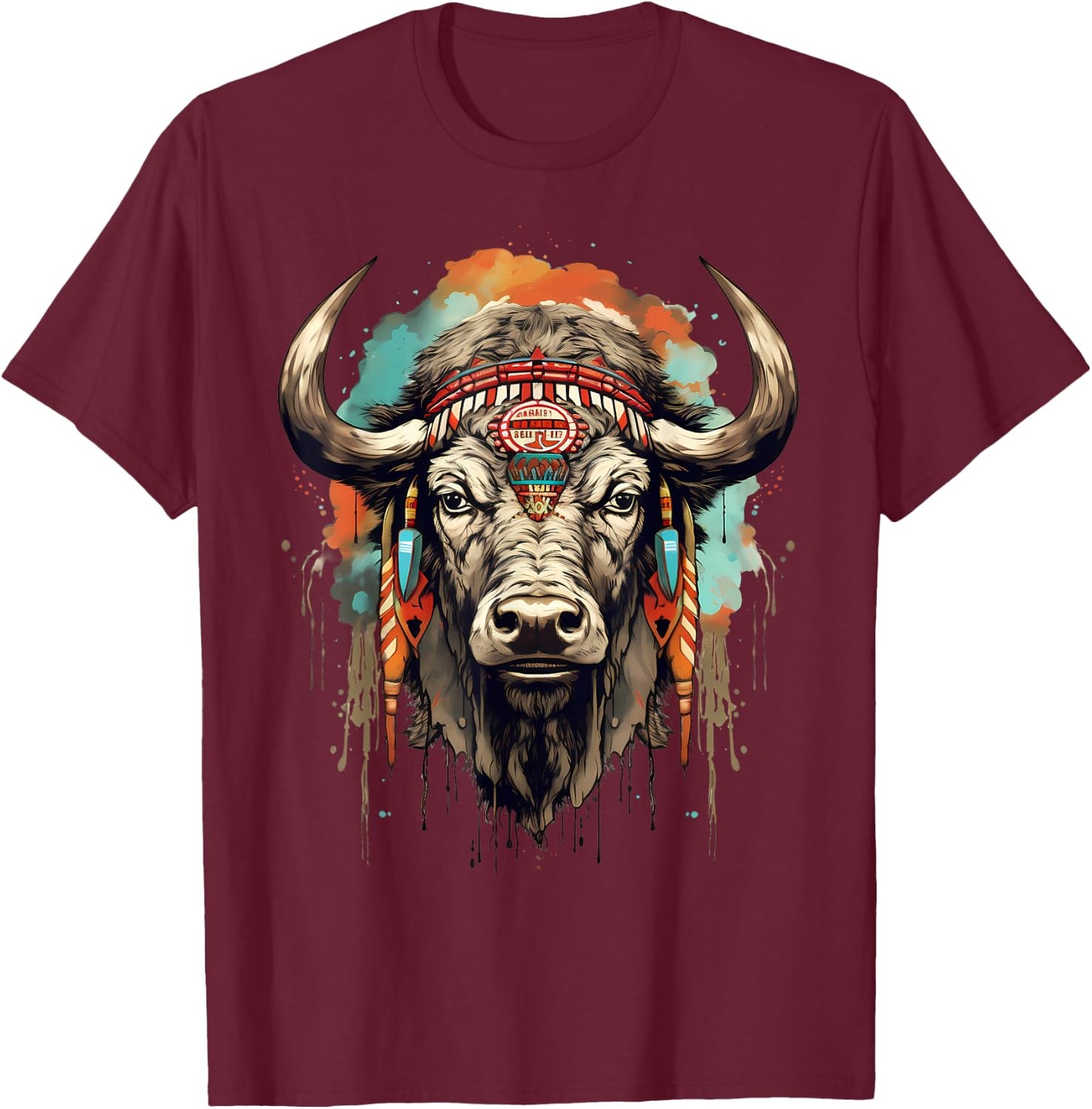 Buffalo Indian Artwork Wildlife Safari Nature Bison Portrait T-Shirt - T-Shirt | Maroon