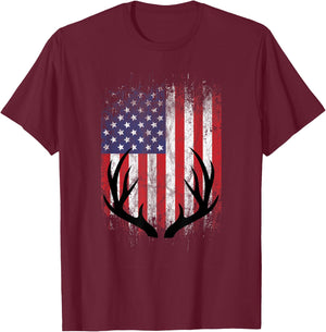 Deer Hunting American Flag Whitetail Buck Antlers Short Sleeve T-Shirt - T-Shirt | Maroon