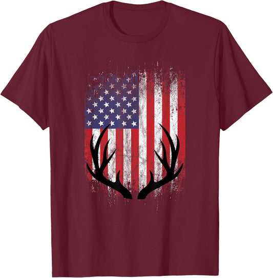 Deer Hunting American Flag Whitetail Buck Antlers Short Sleeve T-Shirt - T-Shirt | Maroon