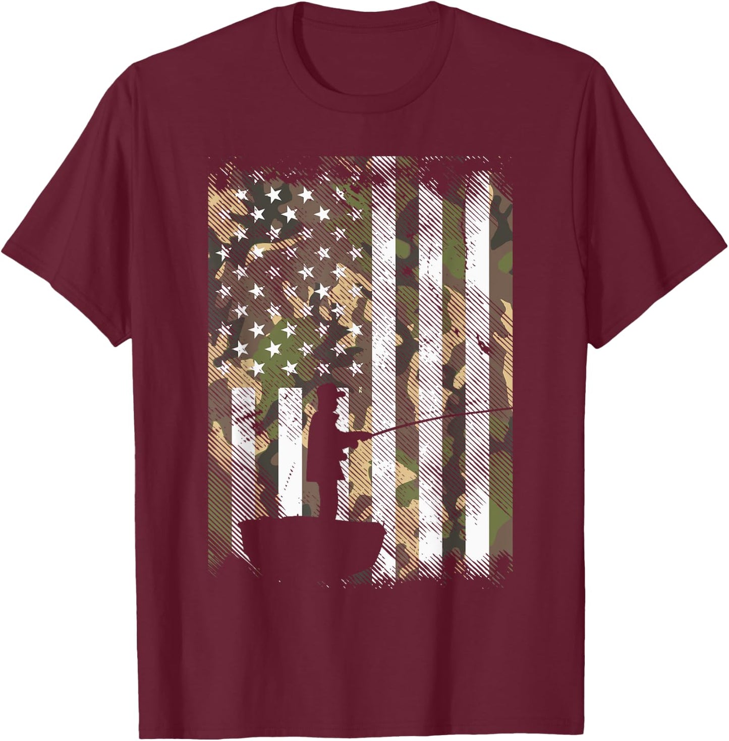BoredKoalas Camo US Flag Fisherman Vintage Fishing Patriotic Angler Gift - Adult, Black, Small, Short Sleeve, Classic Fit T-Shirt - T-Shirt | Maroon