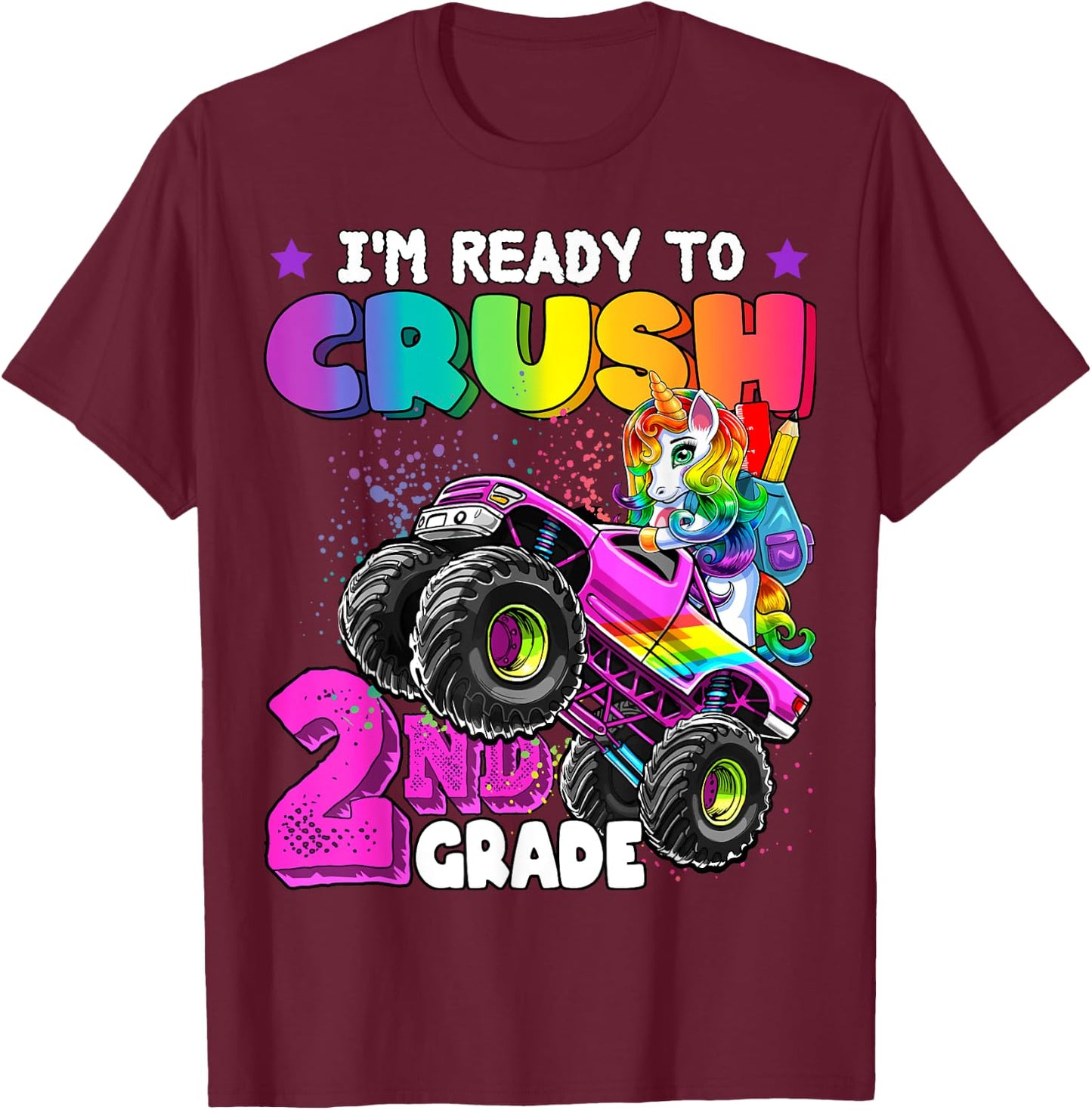 2nd Grade Unicorn Monster Truck Back to School Gift Girls T-Shirt - T-Shirt | Maroon