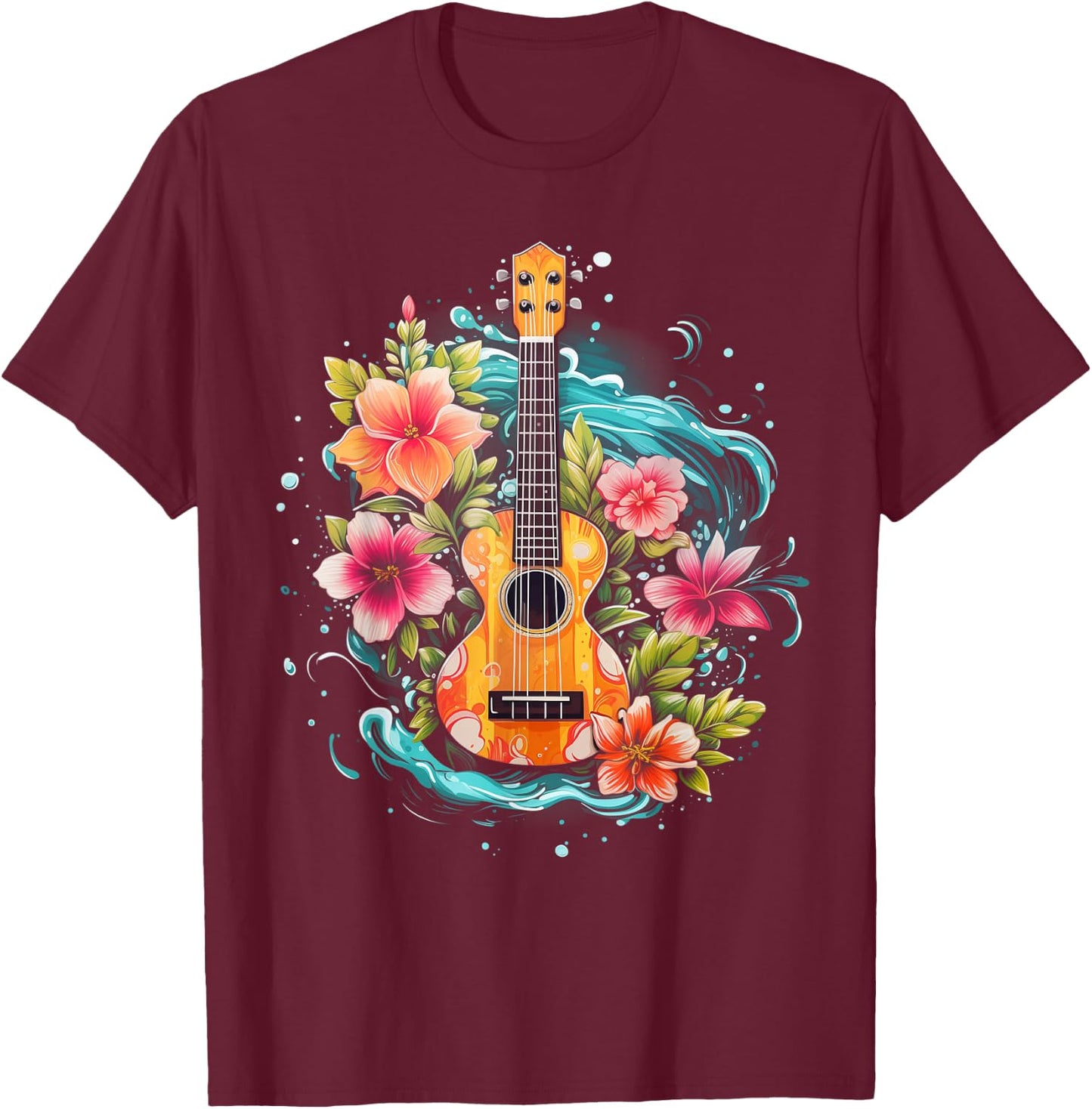 Ukulele Hawaiian Hibiscus Flowers Guitar Hawaii Surfer Uke T-Shirt - T-Shirt | Maroon