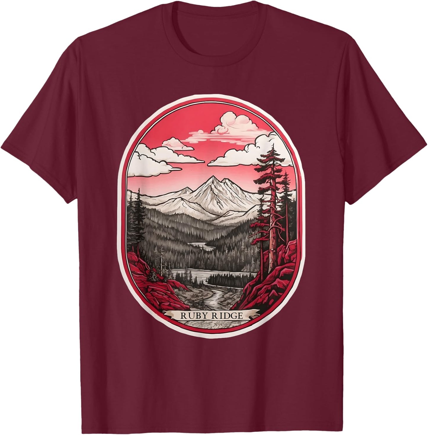Ruby Ridge - Mountain Majesty - Black, White, and Red T-Shirt - T-Shirt | Maroon