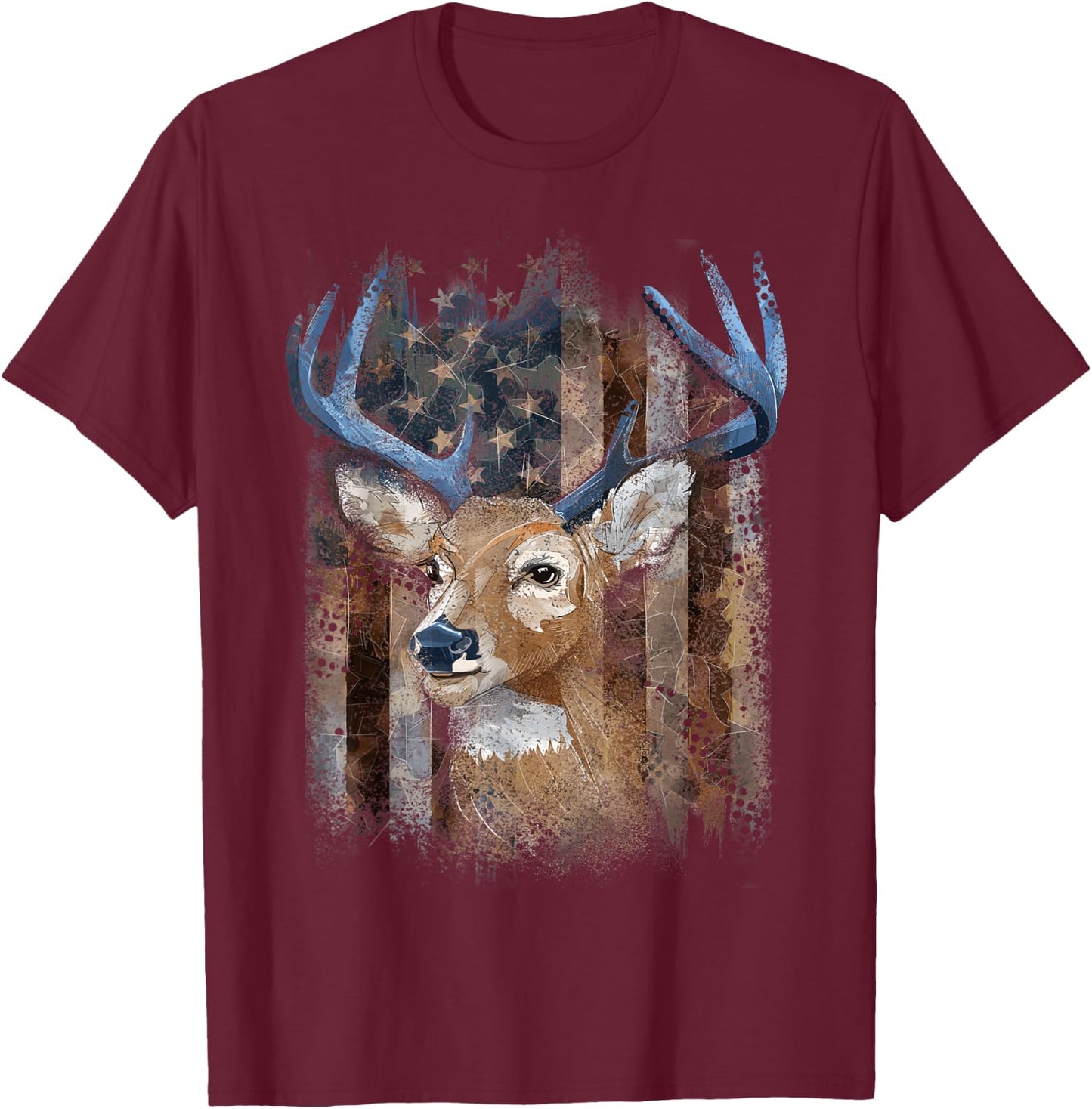 Whitetail Buck Deer Hunting American Flag Buck Hunting Men T-Shirt - T-Shirt | Maroon