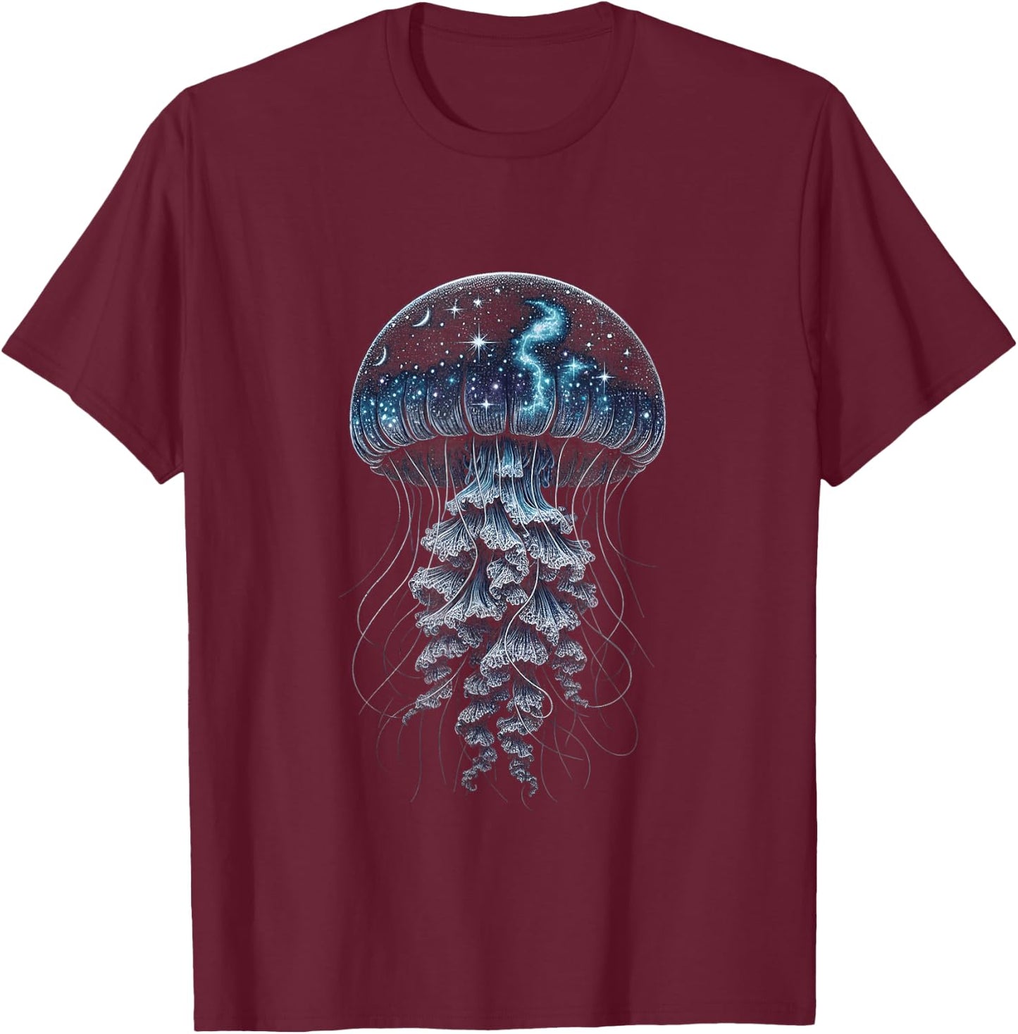 Starry Night Jellyfish - Ocean Meets Galaxy T-Shirt - T-Shirt | Maroon