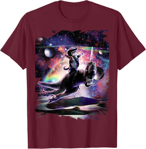 Galaxy Cat On Dinosaur Unicorn In Space T-Shirt - T-Shirt | Maroon