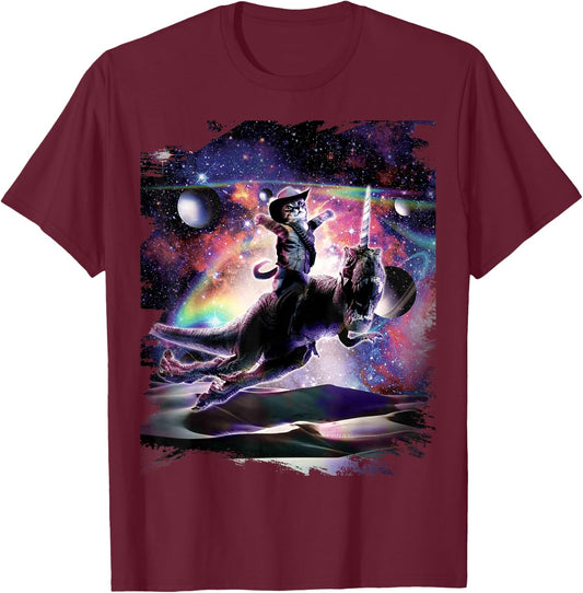Galaxy Cat On Dinosaur Unicorn In Space T-Shirt - T-Shirt | Maroon