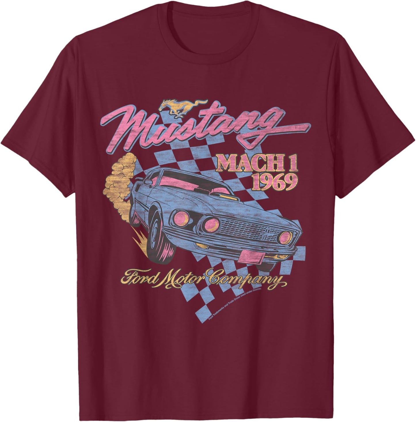 Ford - Blue Mustang Mach 1 1969 Checkered Background T-Shirt - T-Shirt | Maroon