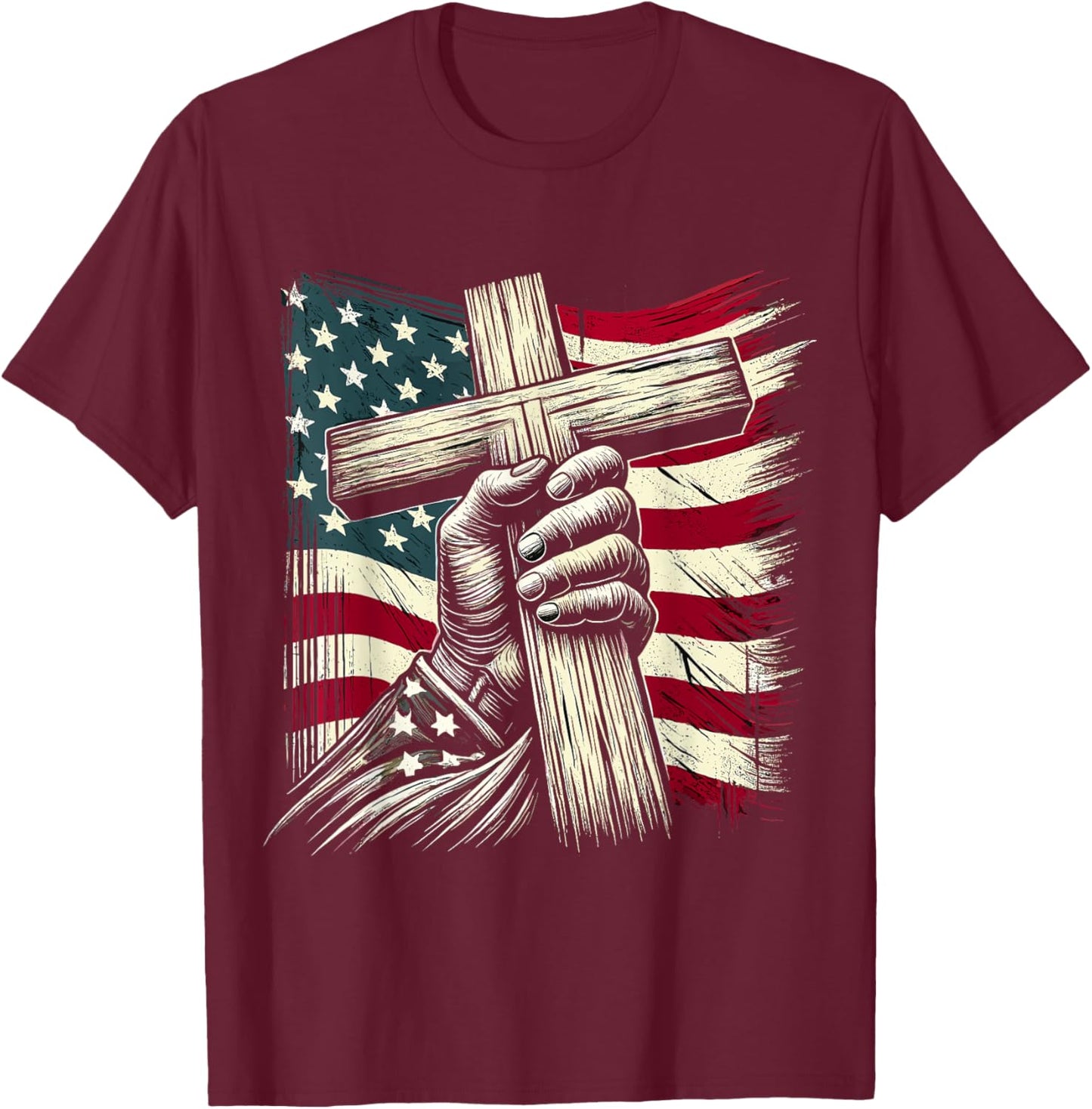 Christian Cross and USA Flag 4th of July Jesus T-Shirt - T-Shirt | Maroon