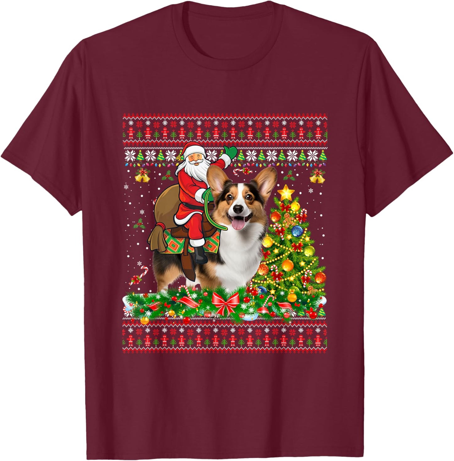 Xmas Sweater Ugly Santa Riding Corgi Dog Christmas T-Shirt - T-Shirt | Maroon