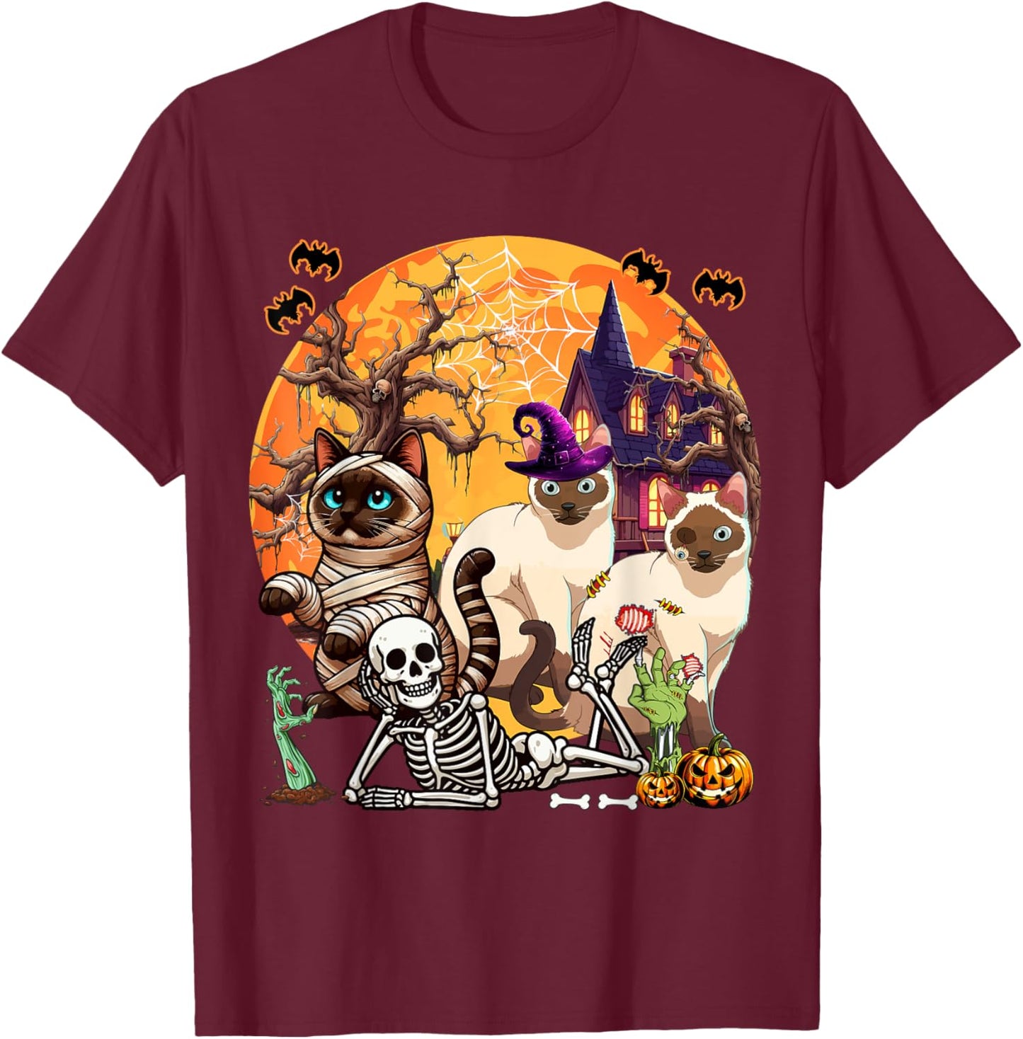 Three Horror Siamese Cats Cosplay Witch Halloween Skeleton T-Shirt - T-Shirt | Maroon