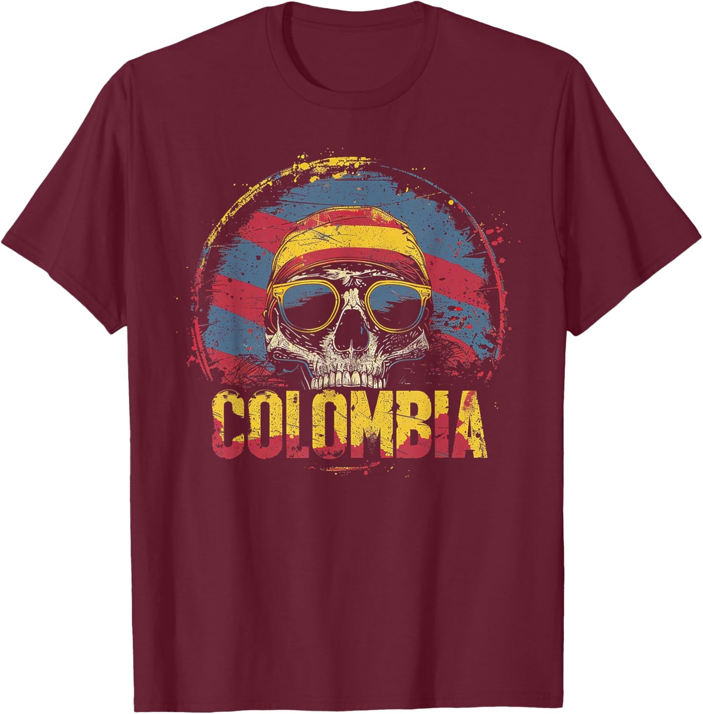 Colombian Colombia Flag - Skull Skeleton Vintage Country T-Shirt - T-Shirt | Maroon