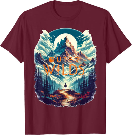 Retro Outer Wilds Text Moon Mountain Forest Tree House Sun T-Shirt - T-Shirt | Maroon