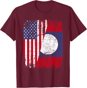 LAOTIAN ROOTS | Half American Flag | USA LAOS FLAG T-Shirt - T-Shirt | Maroon