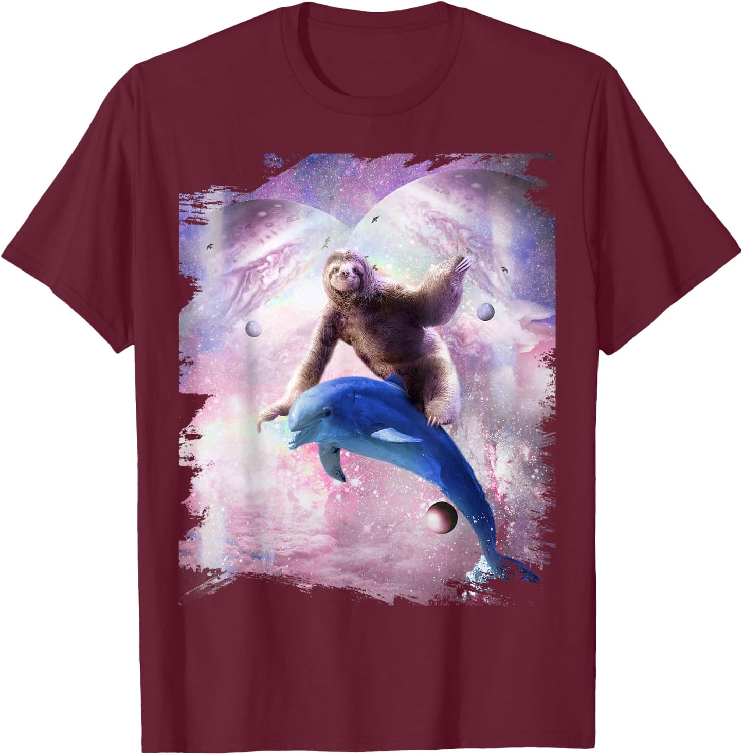Space Sloth Riding Dolphin T-Shirt - T-Shirt | Maroon